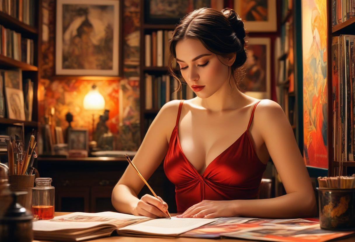 A sultry, enchanting scene showcasing a skilled artist at work, surrounded by vibrant graphic novels and sensual illustrations. The atmosphere is intimate, with soft, warm lighting casting delicate shadows, highlighting the textures of the artwork. In the background, an array of uncensored comic pages sprawls open, revealing bold colors and intricate details. The artist, a charismatic figure, is captivated by their creative process, embodying passion and artistry. Capture the essence of unfiltered creativity and allure. super-realistic. vibrant colors. warm tones.